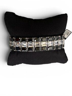 NWT Fifth Avenue Triple Row Black & Clear Crystal Tennis Bracelet 8" Silver Tone